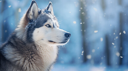 Naklejka premium Siberian husky dog in snow