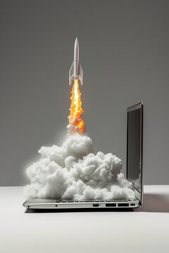 Rocket launch concept emerging from laptop Generative AI image