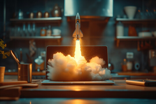 Creative workspace with rocket launch on laptop screen Generative AI image