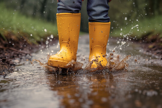 Child Jumping in Puddle with Yellow Boots Generative AI image