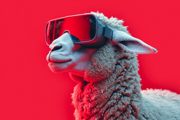 Generative AI illustration of sheep wearing oversized virtual reality glasses on a vibrant red background