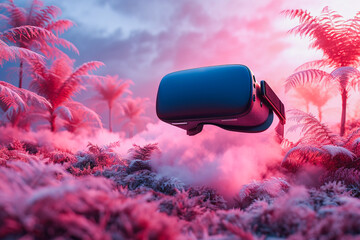 Generative AI illustration of virtual reality headset floating above a mystical pink forest with ferns under a twilight sky