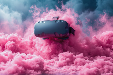 Generative AI illustration of virtual reality headset floating among vibrant pink clouds, evoking a dreamlike virtual space