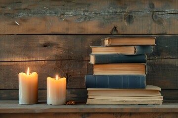Fototapeta na wymiar stacks of old books with candles on a wooden shelf background, world book day, copy space - generative ai
