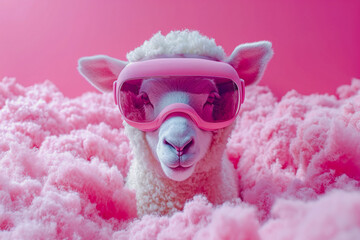 Generative AI illustration of lamb with stylish pink VR glasses surrounded by soft pink fluff