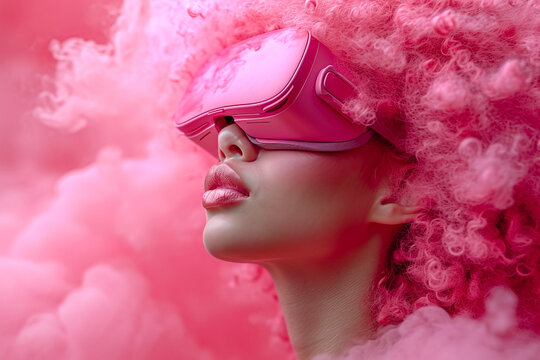 Generative AI illustration of woman immersed in a pink cloud wears virtual reality glasses, symbolizing futuristic technology