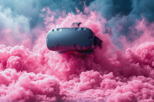 Generative AI illustration of virtual reality headset floating among vibrant pink clouds, evoking a dreamlike virtual space