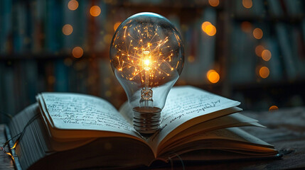 Illuminated light bulb floating above an open notebook, representing a moment of inspiration, warm glow, Creative or innovative idea, Business Start up Successful launch new business project. 