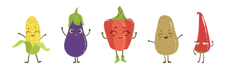 Ripe Funny Vegetable Character with Smiling Face Vector Set