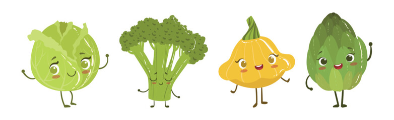 Ripe Funny Vegetable Character with Smiling Face Vector Set