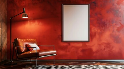 A mockup poster blank frame hanging on a leather armchair, next to a geometric rug, with a minimalist lamp for lighting, in bold jewel tones