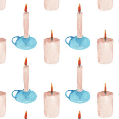 Bright watercolor candles seamless pattern for a cards or websites.Print on white backround.