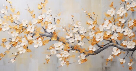 the mural has oriental cherry blossoms in gold and white