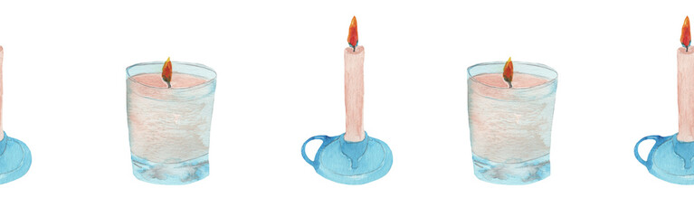 Bright watercolor candles seamless border for a cards or websites.Border on white backround.