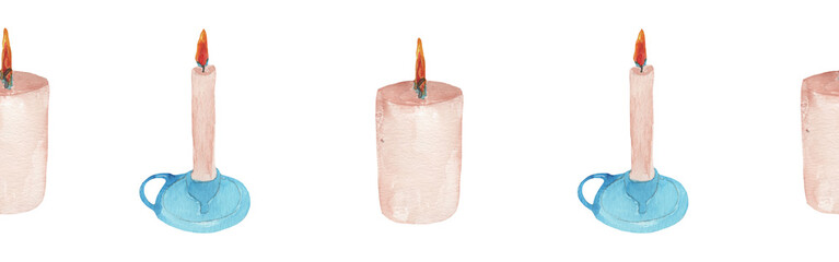 Bright watercolor candles seamless border for a cards or websites.Border on white backround.