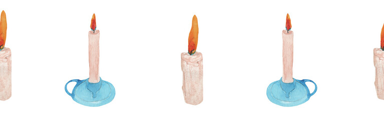 Bright watercolor candles seamless border for a cards or websites.Border on white backround.