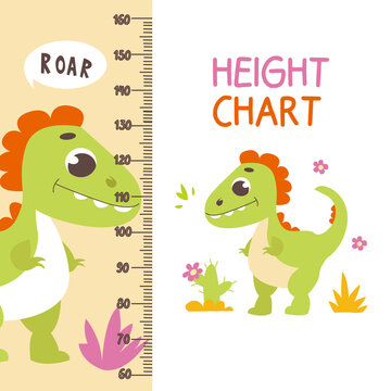 Kids height scale with a cute baby dinosaur. Heights for school, kindergarten, and nursery design. Vector illustration.