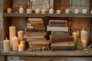Fototapeta na wymiar stacks of old books with candles on a wooden shelf background, world book day, copy space - generative ai