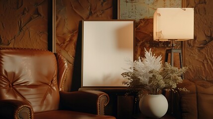 A mockup poster blank frame on a leather armchair, adorned with a dried flower arrangement and minimalist lamp, in earthy tones