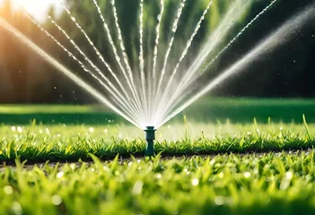 Tableaux ronds sur aluminium brossé Prairie, marais sprinkler spraying water on green grass