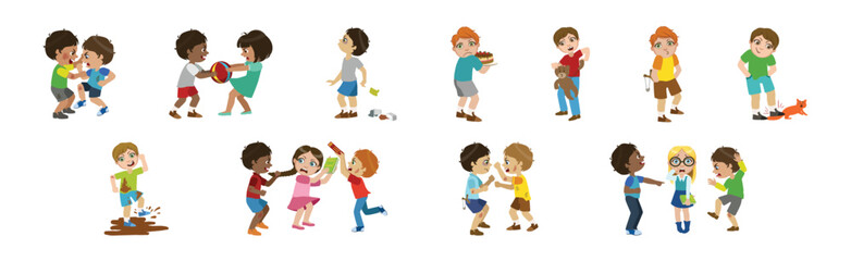 Angry Warring and Bullying Kids Fighting Vector Set