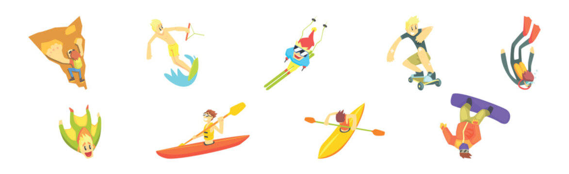 Extreme Sports with Man Character Enjoy Activity Vector Set