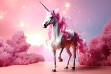 Obraz na płótnie Canvas A white unicorn with purple hair and pink hair on pink background 