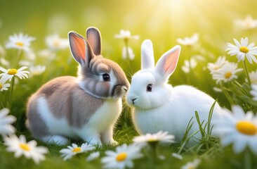 May this Easter bring you peace and joy. Bunnies, vibrant eggs, and daisies adorn this serene meadow.