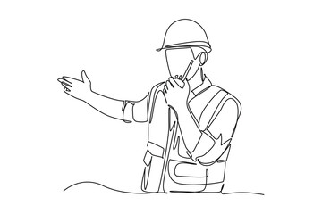  single one line drawing of engineering railway wearing safety uniform and helmet by using walki walki. all about station and train activity. Simple line, train activity.
