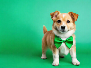 generative Ai, Cute dog with green necktie on color background. St. Patrick's Day celebration