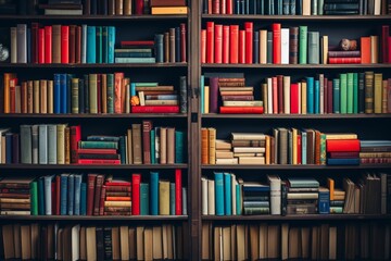 background of books on the shelves in the library - obrazy, fototapety, plakaty
