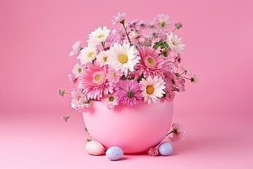 Fototapeta na wymiar High angle beautiful hyacinth in vase 3d pink background pink vase with flowers 