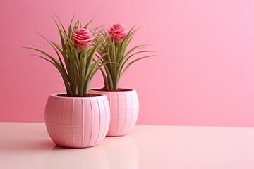 3d Pink vase with beautiful plants pink color with pink background pink world AI Generate  
