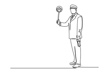 single one line drawing of railway worker traffic controller giving a signals. all about station and train activity. Simple line, train activity.