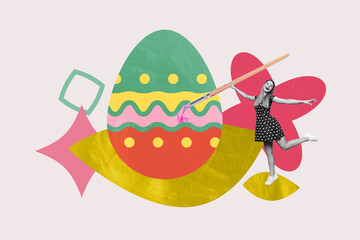 Creative collage image young happy carefree girl paint brush easter holiday egg decoration traditional festive spring event