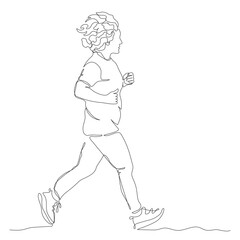 Woman jogging or running. Side view. Continuous line drawing. Hand drawn black and white vector illustration in line art style.