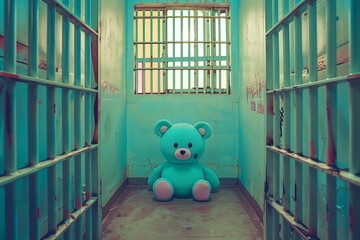 Blue teddy bear toy in prison - obrazy, fototapety, plakaty