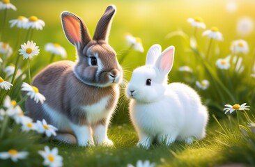 Fototapeta premium May this Easter bring you peace and joy. Bunnies, vibrant eggs, and daisies adorn this serene meadow.