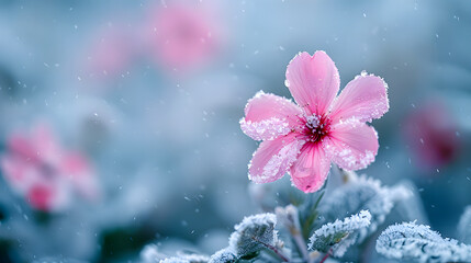 pink flowers in the snow, pink flower in snow season