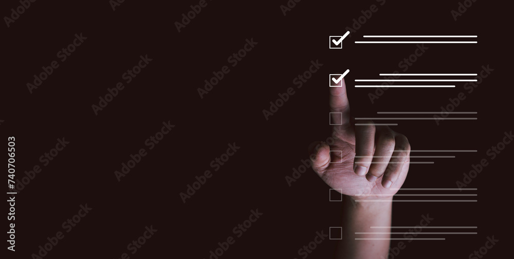 Poster Hand touching to tick correct sign mark on virtual checkbox for online document approve and online do checklist concept.