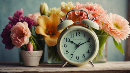 An old alarm clock with beautiful flowers, the concept of the arrival of spring - obrazy, fototapety, plakaty