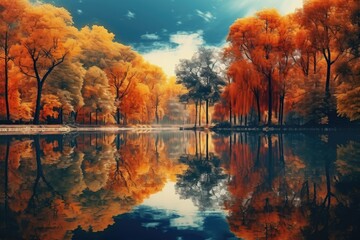Naklejka na ściany i meble Autumnal Serenity: Golden Trees Reflecting on a Still Lake - Generative AI