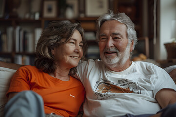 couple smiling,  smiling senior loving couple sit on couch at home looking at each other, generative AI 