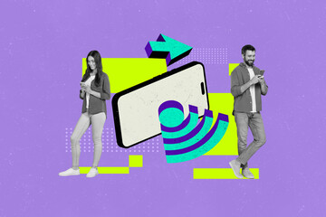 Creative collage image young man woman communicate via wireless remote network internet wifi signal...
