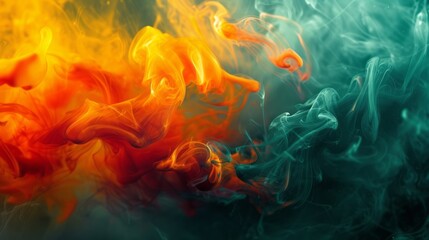 "The dance of colors in the smoke: a bright fusion of shades of green, red, orange, blue, 