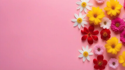 Spring flowers on pink background. Top view, copy space