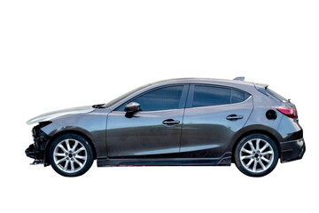 Side of modern black car get damaged by accident on the road. damaged cars after collision. isolated on transparent background, PNG File format