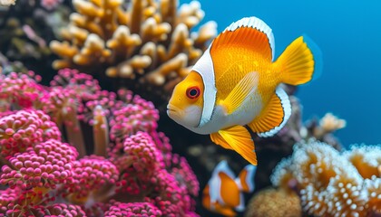 Naklejka na ściany i meble Elegant foxface fish swims among vibrant corals in a colorful saltwater aquarium scene