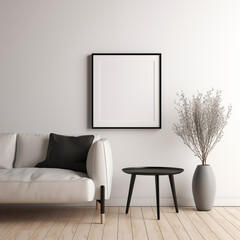 Black Frame mockup, white wall, Interior , neutral tones, modernd  background, candles, flower in pot, fireplace, TV Art