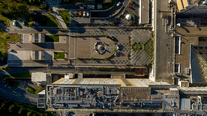 Perpendicular aerial view of the entrance of the Gemelli University Hospital located in Rome,...